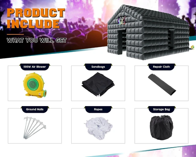 Alt view image 6 of 7 - 20x16.5x14 FT Large Inflatable Nightclub Tent for Adults, Black Portable Inflatable Night Club Gazebo with 2 Side Doors & Logo Area for Birthday, Wedding, Backyard Events