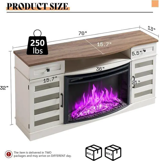 Alt view image 2 of 7 - Farmhouse Living Room Table Set of 4, Include 70" Fireplace TV Stand with 36" Curved Electric Fireplace, Coffee Table & 2 End Tables with Charging Station, White+Barnwood