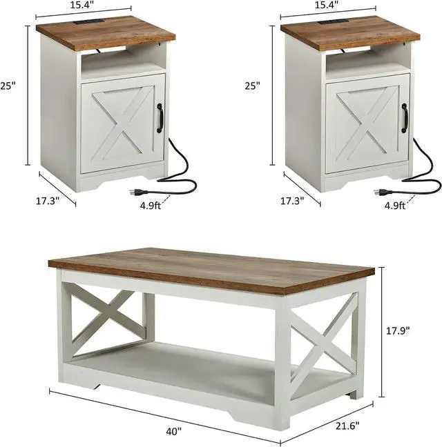Alt view image 3 of 7 - Farmhouse Living Room Table Set of 4, Include 70" Fireplace TV Stand with 36" Curved Electric Fireplace, Coffee Table & 2 End Tables with Charging Station, White+Barnwood