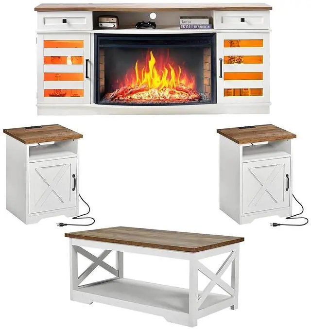 Main image of Farmhouse Living Room Table Set of 4, Include 70" Fireplace TV Stand with 36" Curved Electric Fireplace, Coffee Table & 2 End Tables with Charging Station, White+Barnwood