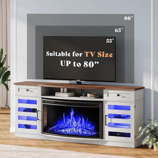 Alt view image 4 of 7 - Farmhouse Living Room Table Set of 4, Include 70" Fireplace TV Stand with 36" Curved Electric Fireplace, Coffee Table & 2 End Tables with Charging Station, White+Barnwood