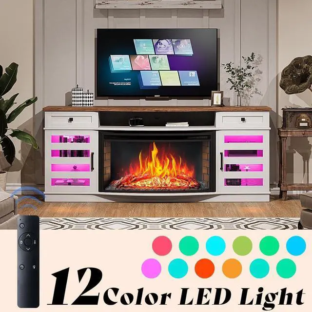 Alt view image 5 of 7 - Farmhouse Living Room Table Set of 4, Include 70" Fireplace TV Stand with 36" Curved Electric Fireplace, Coffee Table & 2 End Tables with Charging Station, White+Barnwood