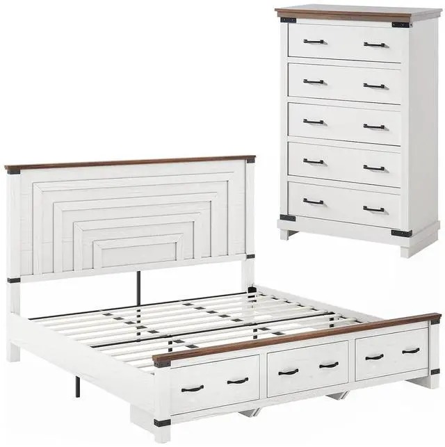 Main image of 2 Pieces Farmhouse Bedroom Set, Includes Wood Rustic King Size Bed Frame with 51" Tall Headboard, 48" Tall 5 Drawers Dresser Chest, Heavy Duty Thick Plank Styling, Antique White