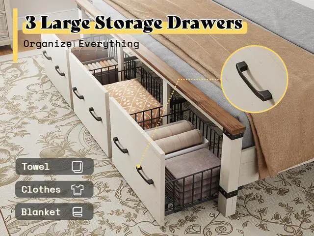 Alt view image 4 of 7 - 2 Pieces Farmhouse Bedroom Set, Includes Wood Rustic King Size Bed Frame with 51" Tall Headboard, 48" Tall 5 Drawers Dresser Chest, Heavy Duty Thick Plank Styling, Antique White
