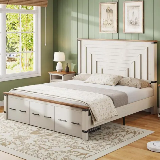 Alt view image 2 of 7 - 2 Pieces Farmhouse Bedroom Set, Includes Wood Rustic King Size Bed Frame with 51" Tall Headboard, 48" Tall 5 Drawers Dresser Chest, Heavy Duty Thick Plank Styling, Antique White