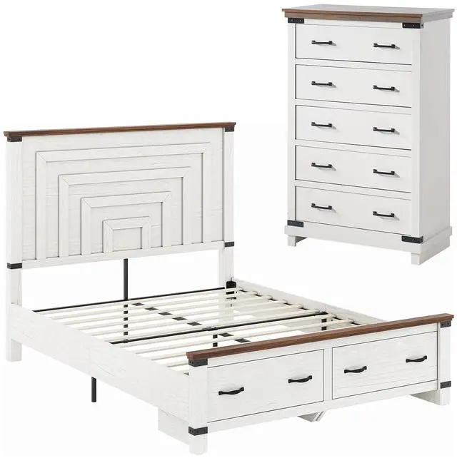 Main image of 2 Pieces Farmhouse Bedroom Set, Includes Wood Rustic Full Size Bed Frame with 54" Tall Headboard, 48" Tall 5 Drawers Dresser Chest, Heavy Duty Thick Plank Styling, Antique White
