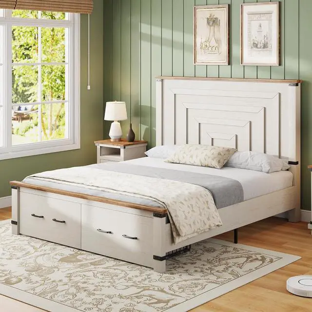 Alt view image 2 of 7 - 2 Pieces Farmhouse Bedroom Set, Includes Wood Rustic Full Size Bed Frame with 54" Tall Headboard, 48" Tall 5 Drawers Dresser Chest, Heavy Duty Thick Plank Styling, Antique White