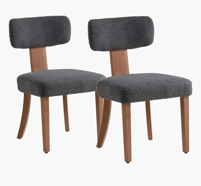 Main image of Kitchen Chairs Set of 2, Boucle Chairs with Upholstered Curved Backrest & Seat, Modern Style Hardwood Frame, Dark Grey