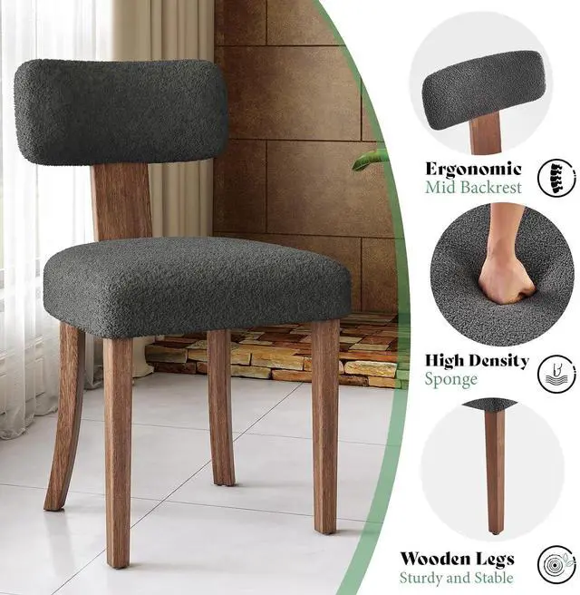 Alt view image 4 of 7 - Kitchen Chairs Set of 4, Modern Boucle Chairs with Upholstered Curved Backrest & Seat, Hardwood Frame, Dark Grey