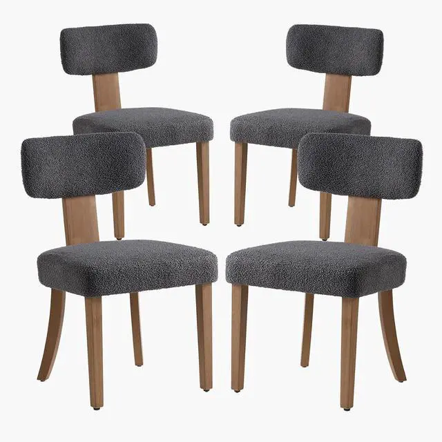Main image of Kitchen Chairs Set of 4, Modern Boucle Chairs with Upholstered Curved Backrest & Seat, Hardwood Frame, Dark Grey