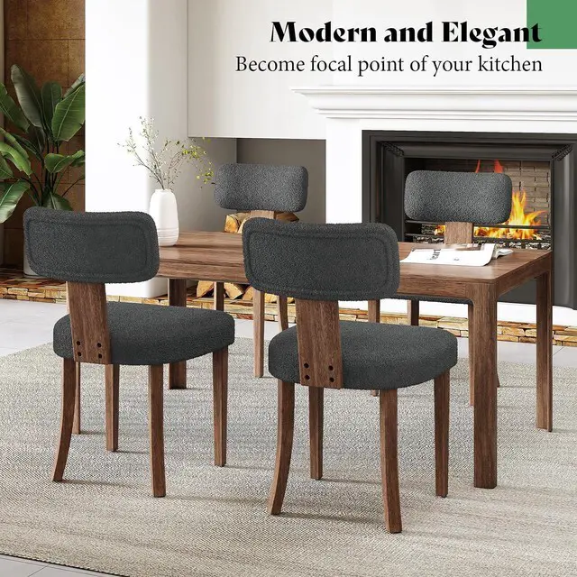 Alt view image 7 of 7 - Kitchen Chairs Set of 4, Modern Boucle Chairs with Upholstered Curved Backrest & Seat, Hardwood Frame, Dark Grey
