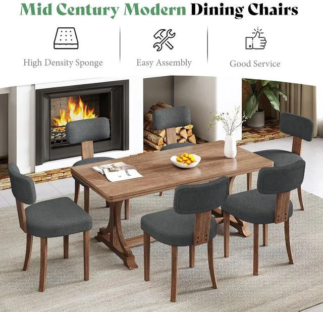 Alt view image 6 of 7 - Kitchen Chairs Set of 4, Modern Boucle Chairs with Upholstered Curved Backrest & Seat, Hardwood Frame, Dark Grey
