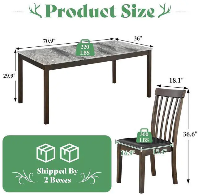 Alt view image 2 of 7 - 7-Piece Dining Table Set, 71" Faux Marble Modern Table with 6 PU Leather Upholstered Chairs, Heavy-Duty Solid Wood Set for Kitchen & Dining Room, Dark Brown