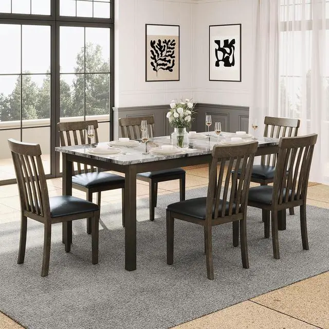 Main image of 7-Piece Dining Table Set, 71" Faux Marble Modern Table with 6 PU Leather Upholstered Chairs, Heavy-Duty Solid Wood Set for Kitchen & Dining Room, Dark Brown