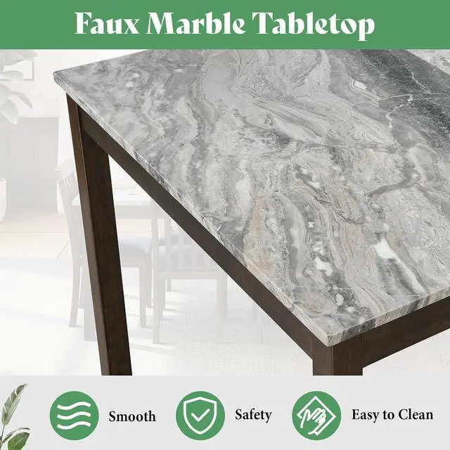 Alt view image 4 of 7 - 7-Piece Dining Table Set, 71" Faux Marble Modern Table with 6 PU Leather Upholstered Chairs, Heavy-Duty Solid Wood Set for Kitchen & Dining Room, Dark Brown