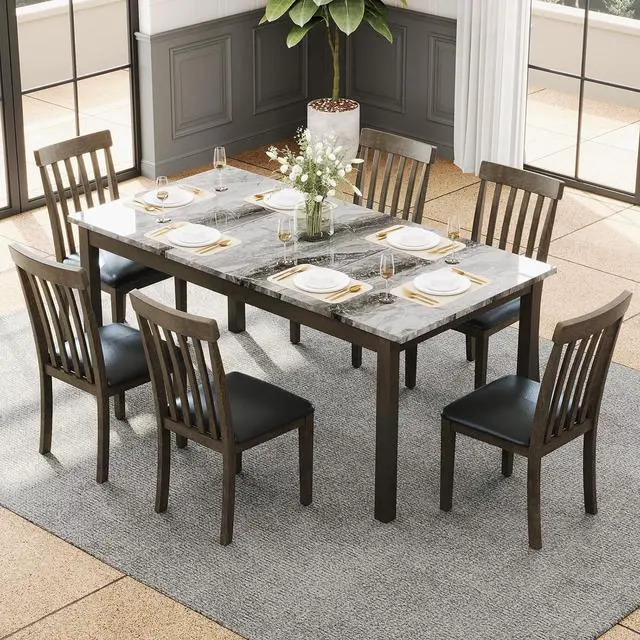 Alt view image 7 of 7 - 7-Piece Dining Table Set, 71" Faux Marble Modern Table with 6 PU Leather Upholstered Chairs, Heavy-Duty Solid Wood Set for Kitchen & Dining Room, Dark Brown
