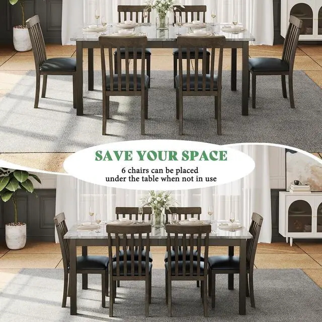 Alt view image 6 of 7 - 7-Piece Dining Table Set, 71" Faux Marble Modern Table with 6 PU Leather Upholstered Chairs, Heavy-Duty Solid Wood Set for Kitchen & Dining Room, Dark Brown