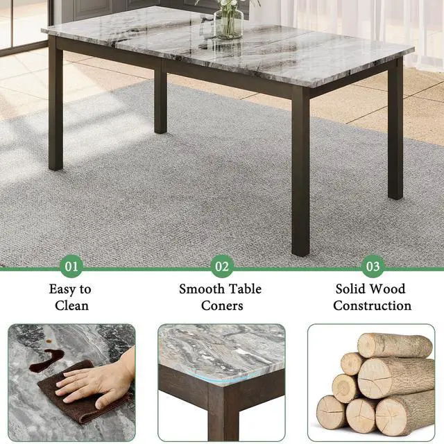 Alt view image 3 of 7 - 7-Piece Dining Table Set, 71" Faux Marble Modern Table with 6 PU Leather Upholstered Chairs, Heavy-Duty Solid Wood Set for Kitchen & Dining Room, Dark Brown
