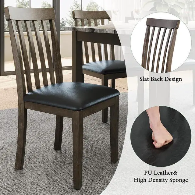 Alt view image 5 of 7 - 7-Piece Dining Table Set, 71" Faux Marble Modern Table with 6 PU Leather Upholstered Chairs, Heavy-Duty Solid Wood Set for Kitchen & Dining Room, Dark Brown