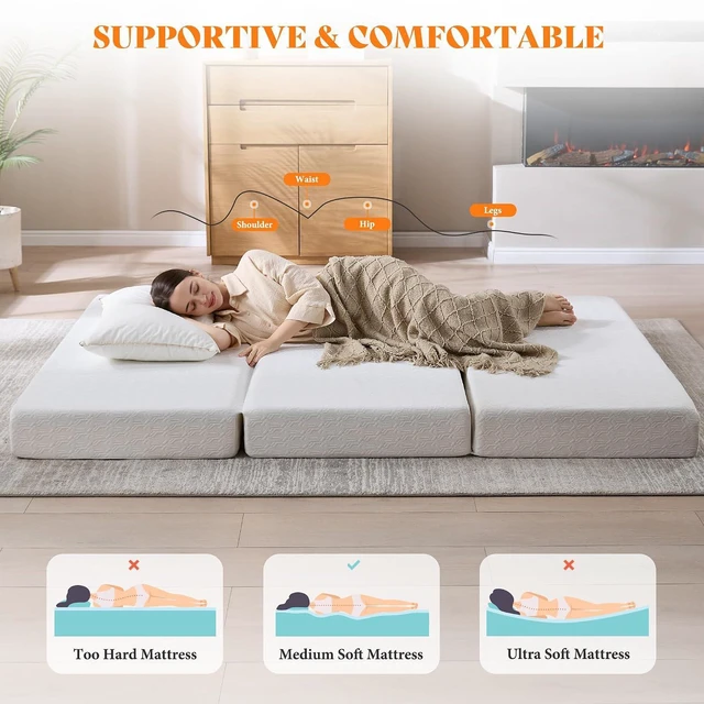 Alt view image 6 of 7 - Twin Folding Sofa Bed for Floor, 6" Tri-Fold Floor Mattress with Washable Cover, Portable Sofa Couch Guest Mat for Adults, Foldable Topper for Camping, White, 39"x75"