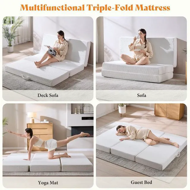 Alt view image 5 of 7 - Twin Folding Sofa Bed for Floor, 6" Tri-Fold Floor Mattress with Washable Cover, Portable Sofa Couch Guest Mat for Adults, Foldable Topper for Camping, White, 39"x75"