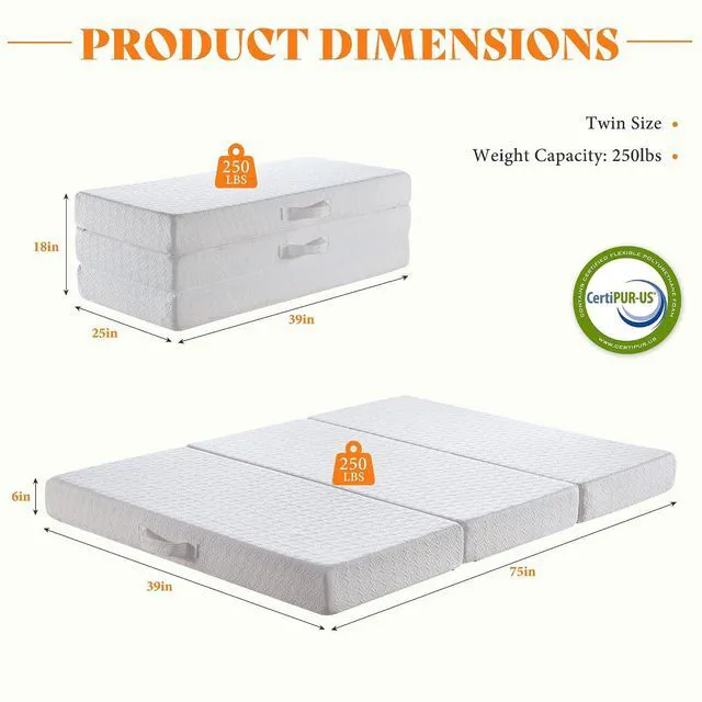 Alt view image 2 of 7 - Twin Folding Sofa Bed for Floor, 6" Tri-Fold Floor Mattress with Washable Cover, Portable Sofa Couch Guest Mat for Adults, Foldable Topper for Camping, White, 39"x75"