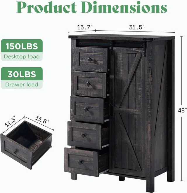 Alt view image 2 of 7 - 3-Piece Farmhouse Bedroom Furniture Set with Storage Cabinet and 2 Nightstands, Sliding Barn Door Wood Cabinet Set for Bedroom, Entryway, Black Oak