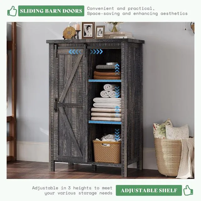 Alt view image 5 of 7 - 3-Piece Farmhouse Bedroom Furniture Set with Storage Cabinet and 2 Nightstands, Sliding Barn Door Wood Cabinet Set for Bedroom, Entryway, Black Oak