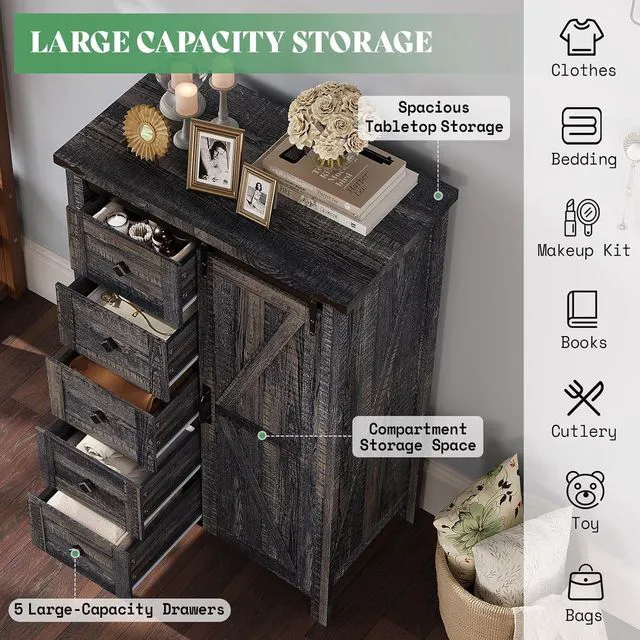 Alt view image 4 of 7 - 3-Piece Farmhouse Bedroom Furniture Set with Storage Cabinet and 2 Nightstands, Sliding Barn Door Wood Cabinet Set for Bedroom, Entryway, Black Oak