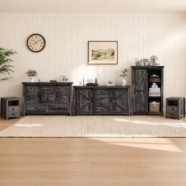 Main image of 5-Piece Farmhouse Bedroom Furniture Set, Dresser & Nightstand Set of 2 with Storage Cabinet & Sideboard, Sliding Barn Door Wood Bedroom Set for Bedroom/Living Room, Black Oak