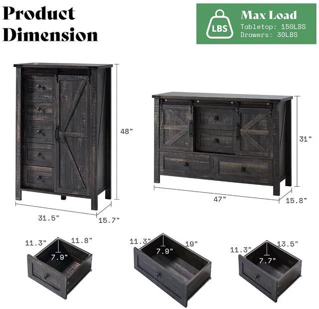 Alt view image 2 of 7 - 5-Piece Farmhouse Bedroom Furniture Set, Dresser & Nightstand Set of 2 with Storage Cabinet & Sideboard, Sliding Barn Door Wood Bedroom Set for Bedroom/Living Room, Black Oak