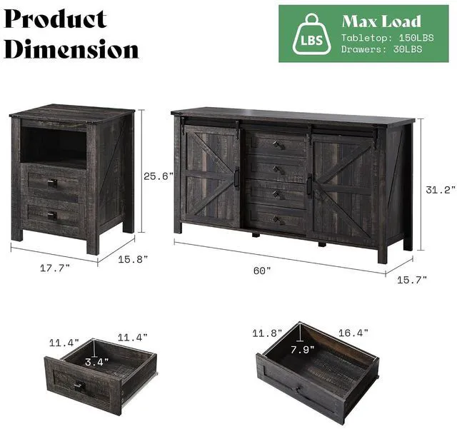 Alt view image 3 of 7 - 5-Piece Farmhouse Bedroom Furniture Set, Dresser & Nightstand Set of 2 with Storage Cabinet & Sideboard, Sliding Barn Door Wood Bedroom Set for Bedroom/Living Room, Black Oak