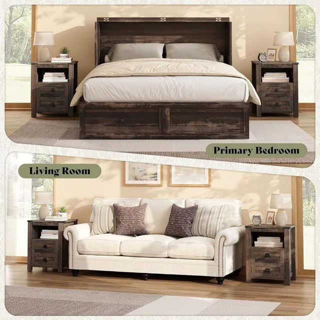 Alt view image 7 of 7 - 5-Piece Farmhouse Bedroom Furniture Set, Dresser & Nightstand Set of 2 with Storage Cabinet & Sideboard, Sliding Barn Door Wood Bedroom Set for Bedroom/Living Room, Black Oak
