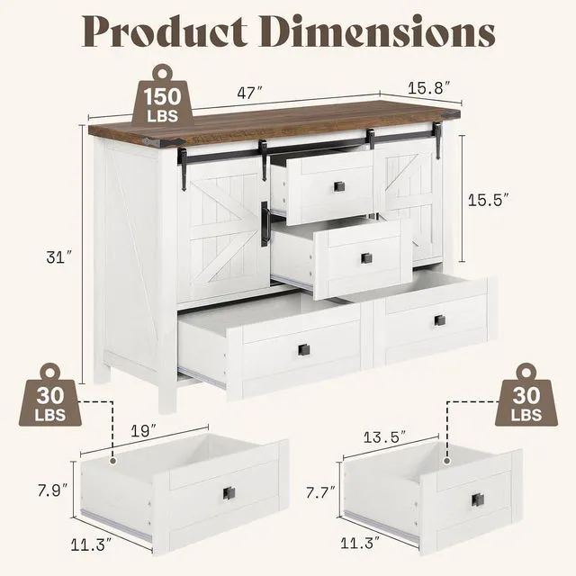 Alt view image 2 of 7 - 3-Piece Farmhouse Furniture Set with Sideboard Cabinet and Nightstands Set of 2, Sliding Barn Door Wood Storage Cabinet Set for Bedroom, Dining Room, Distressed White