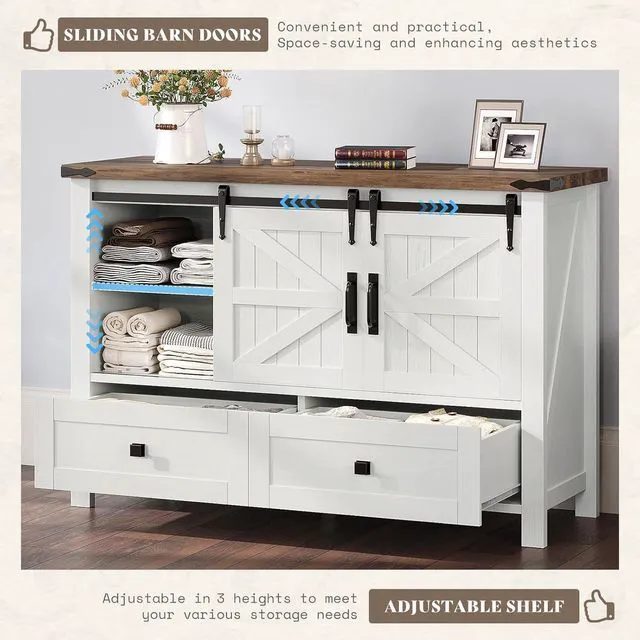 Alt view image 5 of 7 - 3-Piece Farmhouse Furniture Set with Sideboard Cabinet and Nightstands Set of 2, Sliding Barn Door Wood Storage Cabinet Set for Bedroom, Dining Room, Distressed White