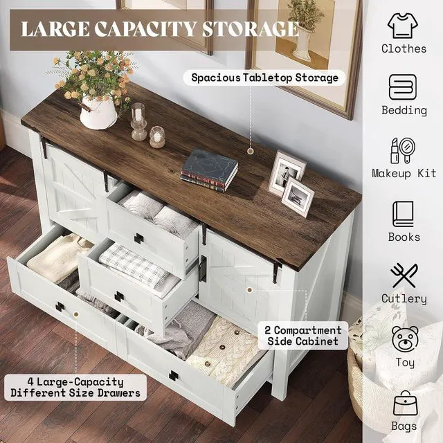 Alt view image 4 of 7 - 3-Piece Farmhouse Furniture Set with Sideboard Cabinet and Nightstands Set of 2, Sliding Barn Door Wood Storage Cabinet Set for Bedroom, Dining Room, Distressed White