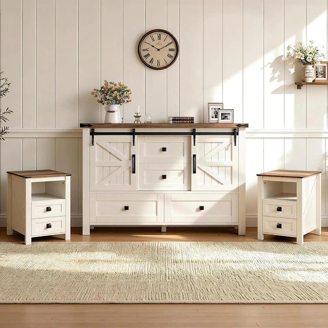 Main image of 3-Piece Farmhouse Furniture Set with Sideboard Cabinet and Nightstands Set of 2, Sliding Barn Door Wood Storage Cabinet Set for Bedroom, Dining Room, Distressed White