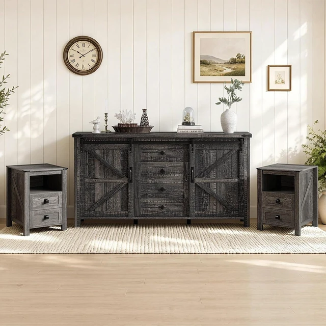 Main image of 3-Piece Farmhouse Bedroom Furniture Set with Dresser and 2 Nightstands, Sliding Barn Door Wood Storage Set for Bedroom and Dining Room, Black Oak