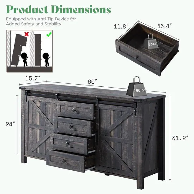 Alt view image 2 of 7 - 3-Piece Farmhouse Bedroom Furniture Set with Dresser and 2 Nightstands, Sliding Barn Door Wood Storage Set for Bedroom and Dining Room, Black Oak