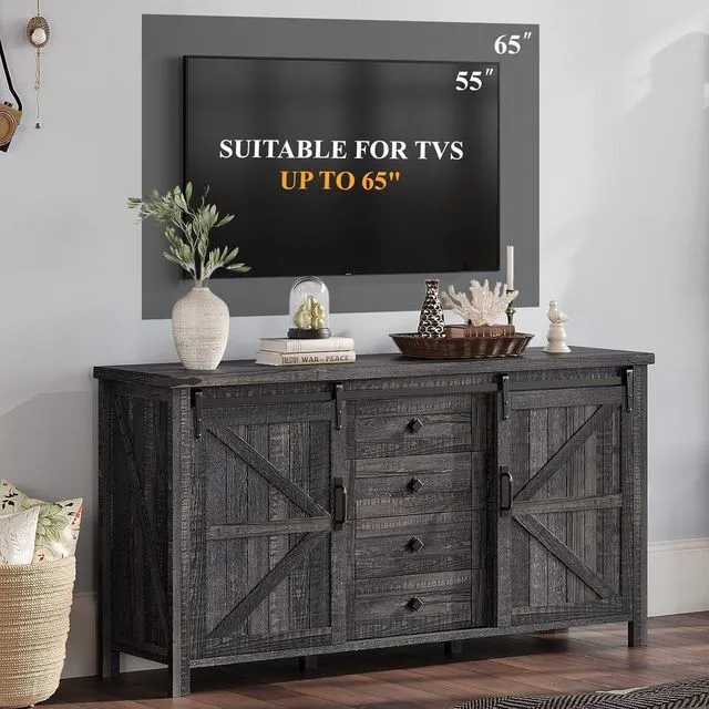 Alt view image 4 of 7 - 3-Piece Farmhouse Bedroom Furniture Set with Dresser and 2 Nightstands, Sliding Barn Door Wood Storage Set for Bedroom and Dining Room, Black Oak