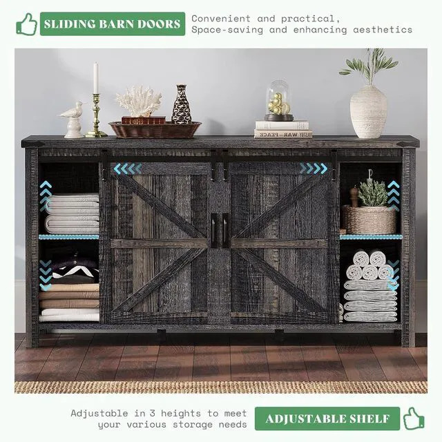 Alt view image 5 of 7 - 3-Piece Farmhouse Bedroom Furniture Set with Dresser and 2 Nightstands, Sliding Barn Door Wood Storage Set for Bedroom and Dining Room, Black Oak