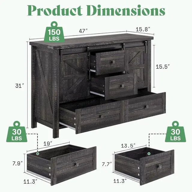Alt view image 2 of 7 - 3-Piece Farmhouse Furniture Set with Sideboard Cabinet and 2 Nightstands, Sliding Barn Door Wood Storage Cabinet Set for Bedroom, Black Oak