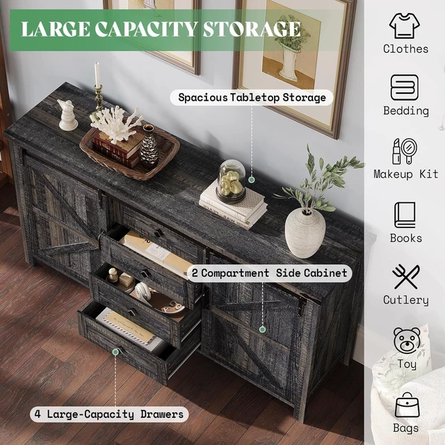 Alt view image 6 of 7 - 3-Piece Farmhouse Bedroom Furniture Set with Dresser and 2 Nightstands, Sliding Barn Door Wood Storage Set for Bedroom and Dining Room, Black Oak