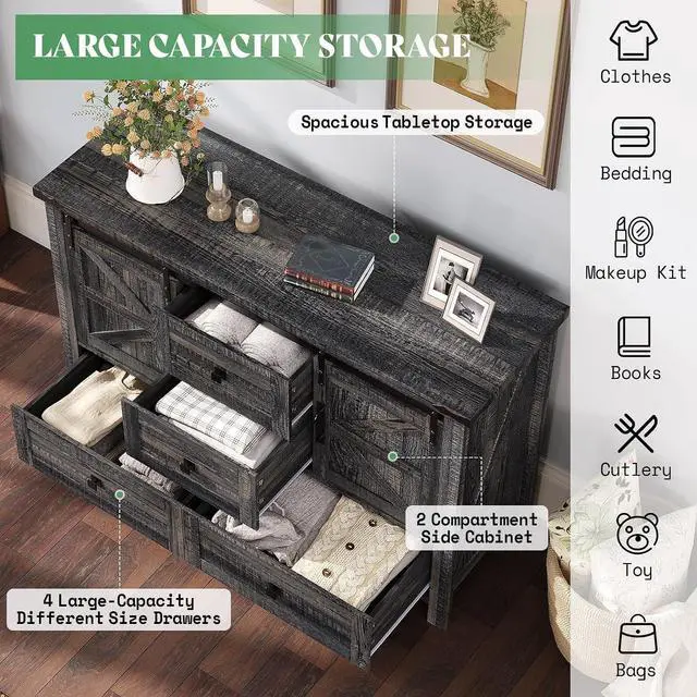 Alt view image 4 of 7 - 3-Piece Farmhouse Furniture Set with Sideboard Cabinet and 2 Nightstands, Sliding Barn Door Wood Storage Cabinet Set for Bedroom, Black Oak