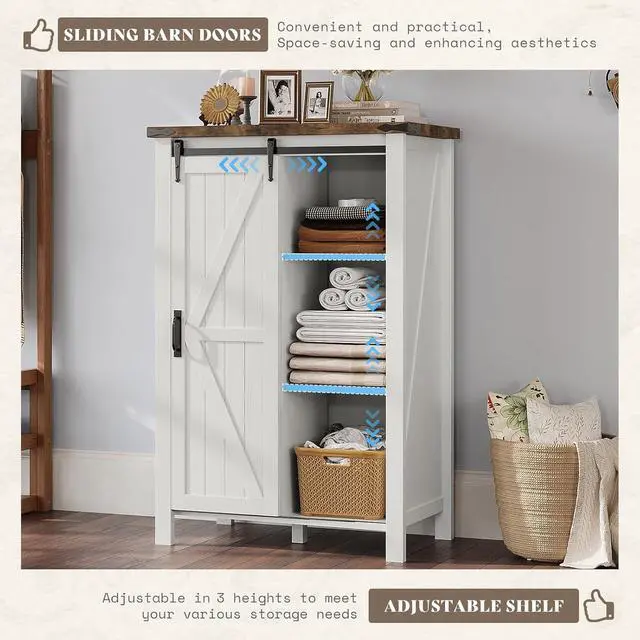 Alt view image 5 of 7 - 3-Piece Farmhouse Bedroom Furniture Set with Storage Cabinet and 2 Nightstands, Sliding Barn Door Wood Cabinet Set for Bedroom and Entryway, Distressed White