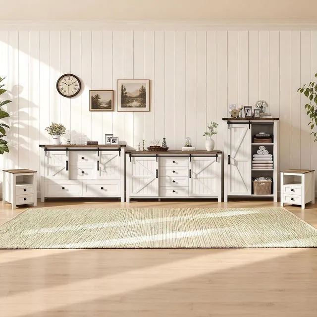 Main image of 5-Piece Farmhouse Furniture Bedroom Set, Dressers & Nightstand Set of 2 with Storage Cabinet & Sideboard, Sliding Barn Door Wood Bedroom Set for Bedroom/Living Room, Distressed White
