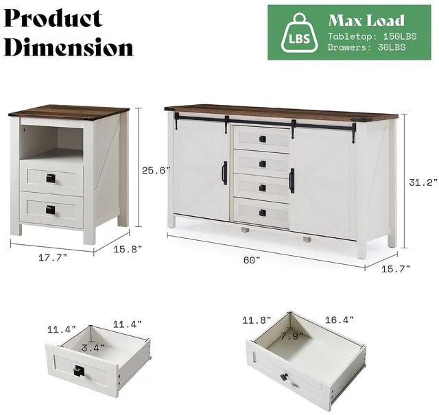 Alt view image 2 of 7 - 5-Piece Farmhouse Furniture Bedroom Set, Dressers & Nightstand Set of 2 with Storage Cabinet & Sideboard, Sliding Barn Door Wood Bedroom Set for Bedroom/Living Room, Distressed White