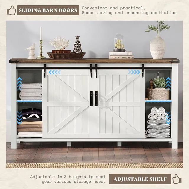 Alt view image 6 of 7 - 5-Piece Farmhouse Furniture Bedroom Set, Dressers & Nightstand Set of 2 with Storage Cabinet & Sideboard, Sliding Barn Door Wood Bedroom Set for Bedroom/Living Room, Distressed White