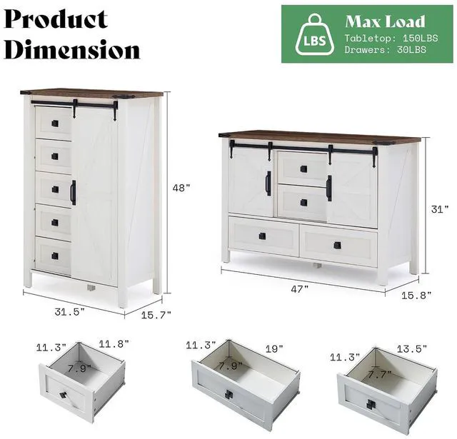 Alt view image 3 of 7 - 5-Piece Farmhouse Furniture Bedroom Set, Dressers & Nightstand Set of 2 with Storage Cabinet & Sideboard, Sliding Barn Door Wood Bedroom Set for Bedroom/Living Room, Distressed White