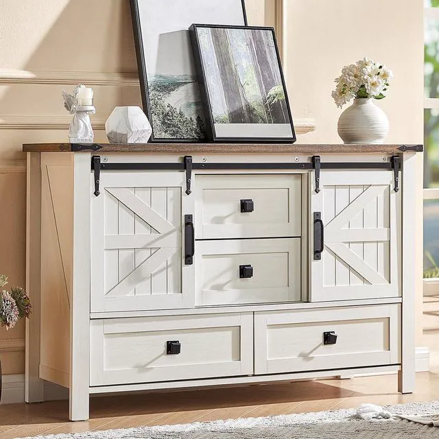 Alt view image 7 of 7 - 5-Piece Farmhouse Furniture Bedroom Set, Dressers & Nightstand Set of 2 with Storage Cabinet & Sideboard, Sliding Barn Door Wood Bedroom Set for Bedroom/Living Room, Distressed White